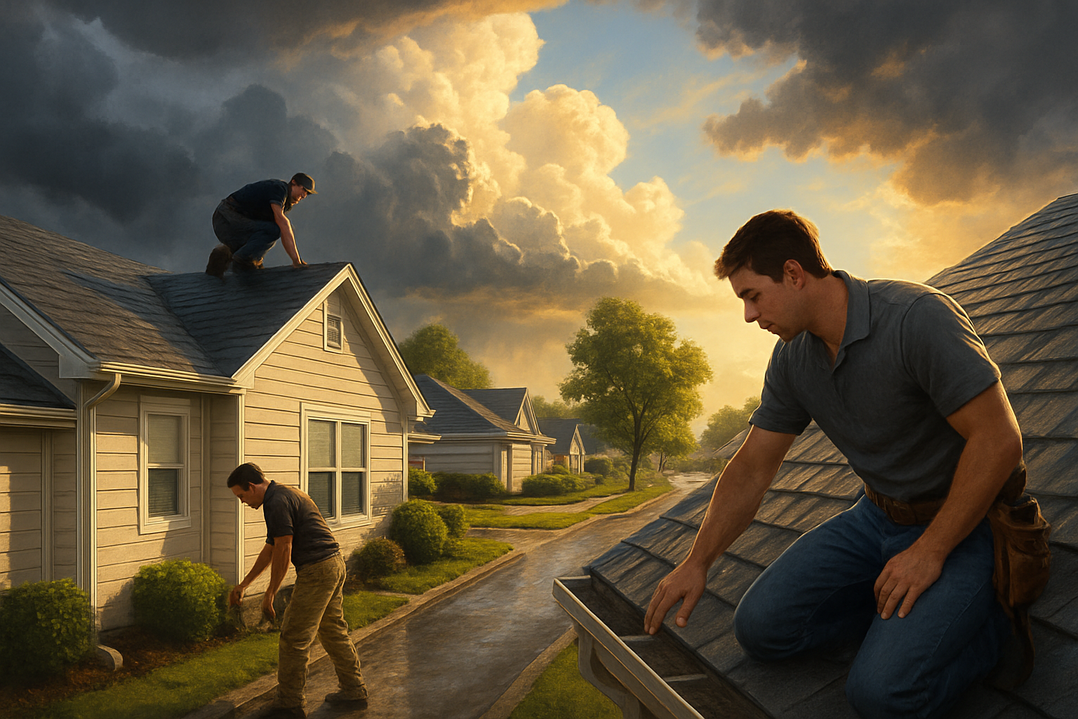 A summer storm clearing over a suburban street with roofing crews inspecting shingles, gutters, and siding for hail and wind damage, dramatic clouds in the distance and warm July sunlight returning