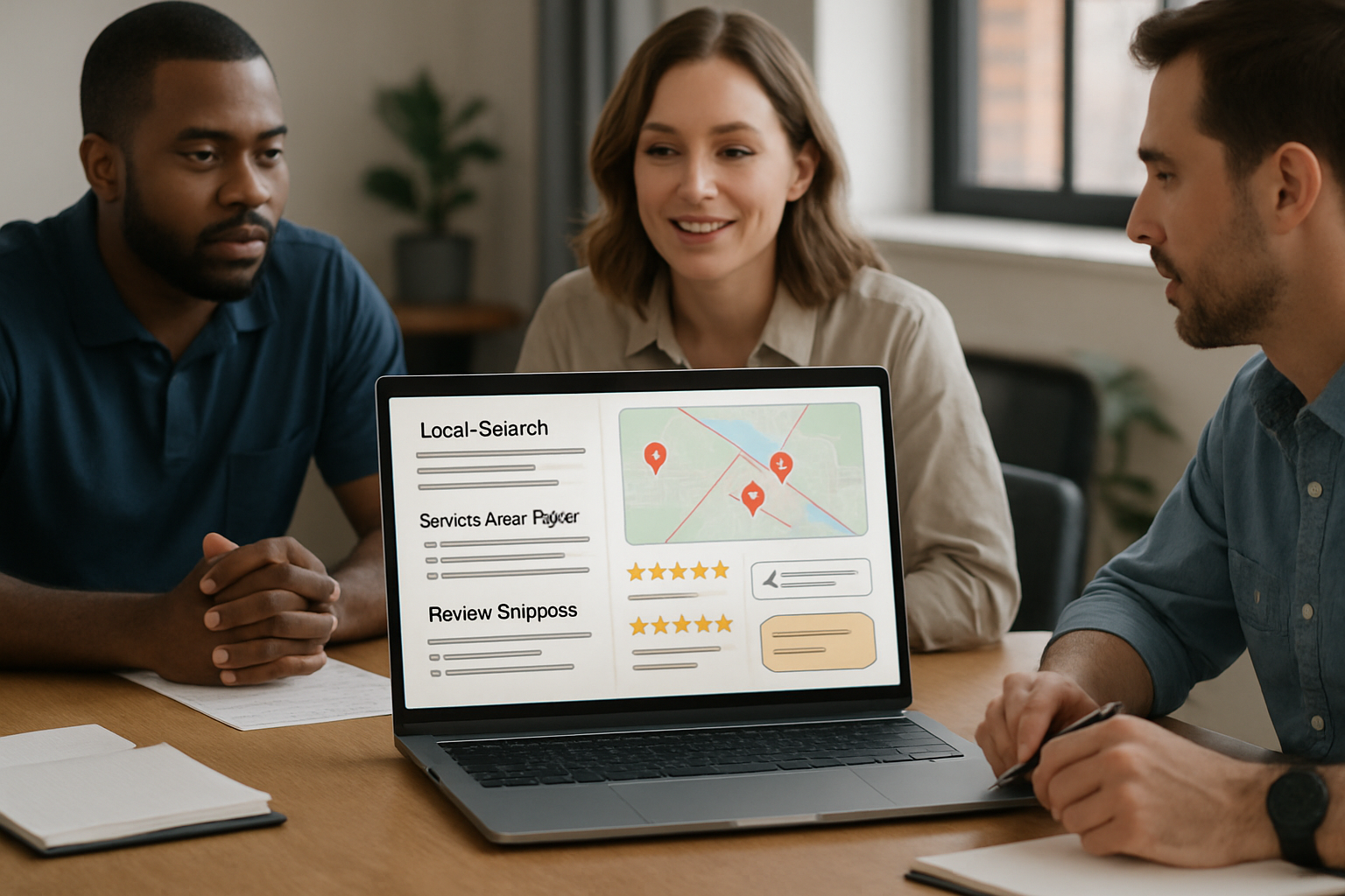 A digital marketing strategy meeting for a contractor company, showing a laptop with local search rankings, map listings, service area pages, review snippets, and July seasonal campaign notes on a conference table