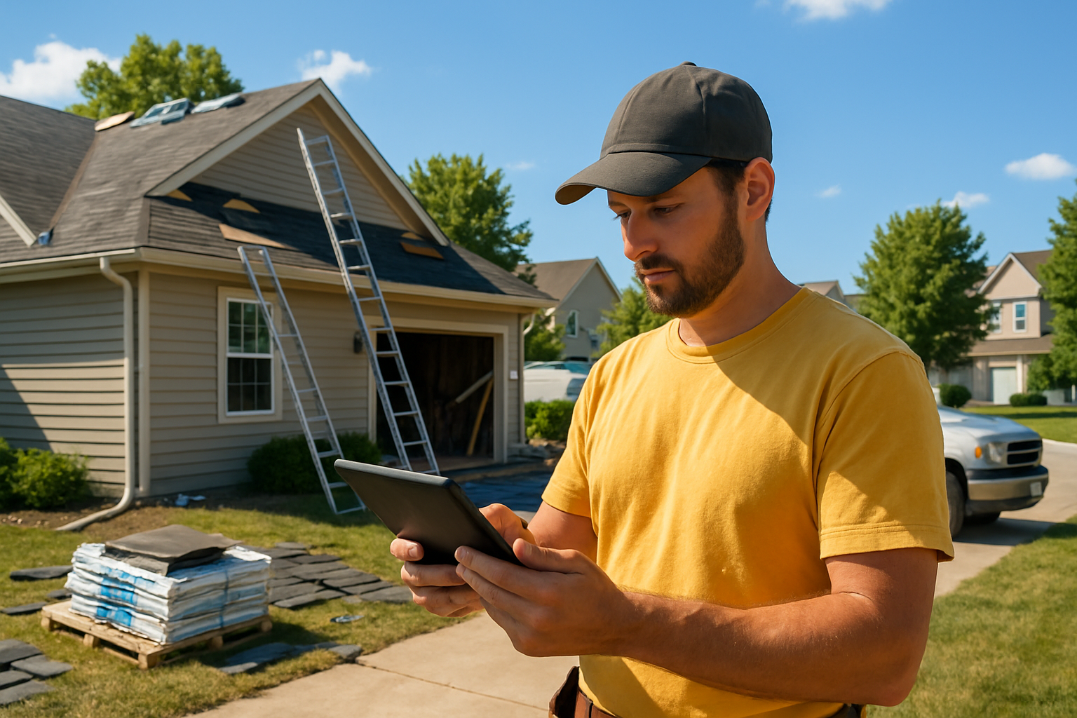 A contractor checking a tablet on a residential jobsite in bright July sunlight, with roofing materials, ladders, work trucks, and a suburban neighborhood in the background, professional and realistic