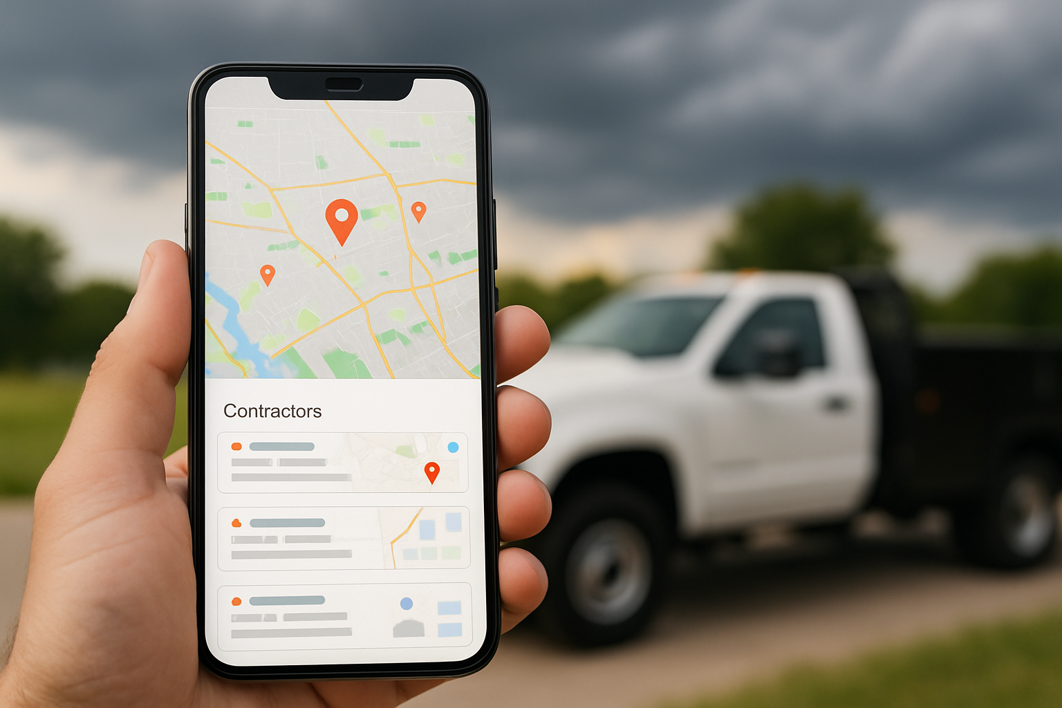 Close-up of a smartphone displaying a Google-style local search results map for contractors, with a work truck and summer storm clouds blurred in the background, realistic commercial photography