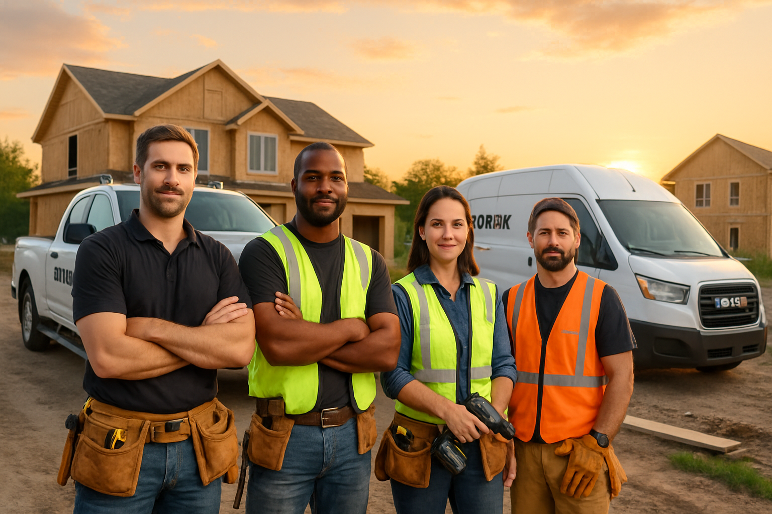 A professional contractor team standing beside branded work trucks at sunrise before a busy summer workday, with tools, safety gear, and a clean residential construction site, realistic nationwide contractor marketing style