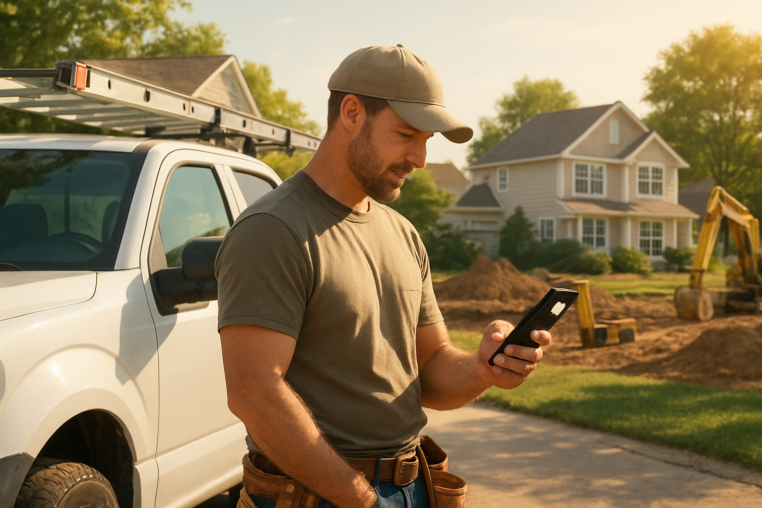 A contractor standing beside a work truck on a sunny July afternoon, looking at a smartphone with a website lead notification, suburban homes and active jobsite equipment in the background, warm summer light, professional and realistic