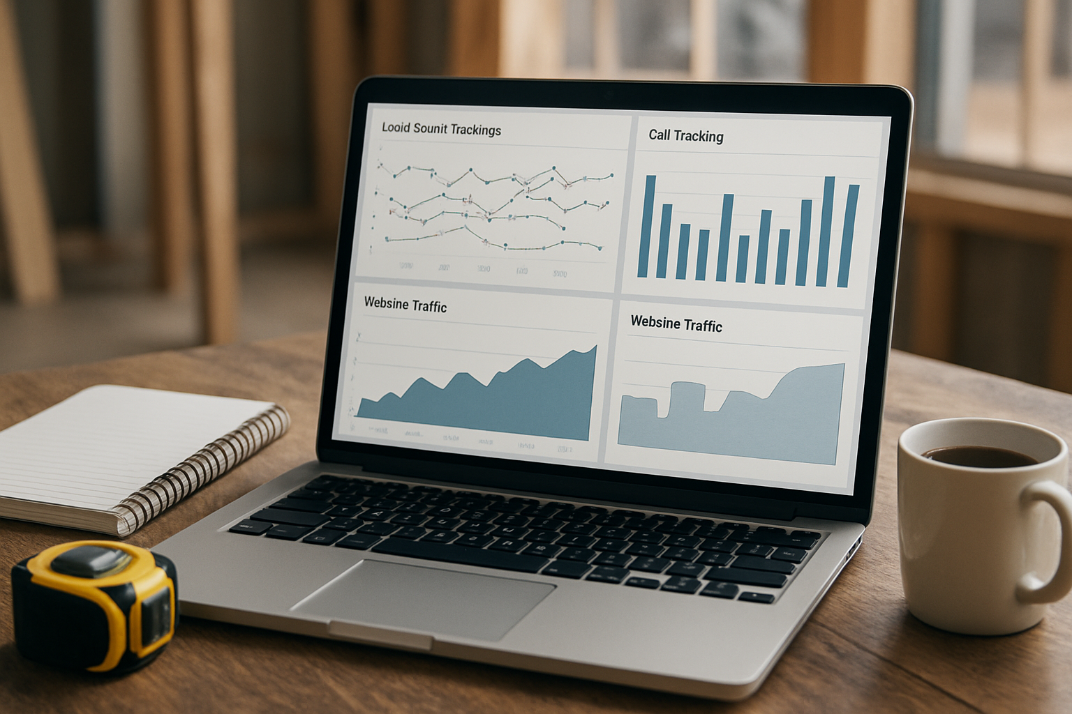 Close-up of a contractor marketing dashboard on a laptop showing local search rankings, call tracking data, and website traffic graphs, with a notebook, tape measure, and cup of coffee on a jobsite office desk