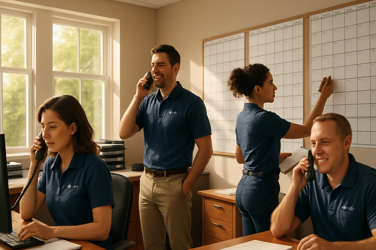 A busy contracting office during summer, team members answering phone calls and reviewing job schedules on wall-mounted calendars, sunlight coming through windows, branded work shirts, energetic and professional atmosphere