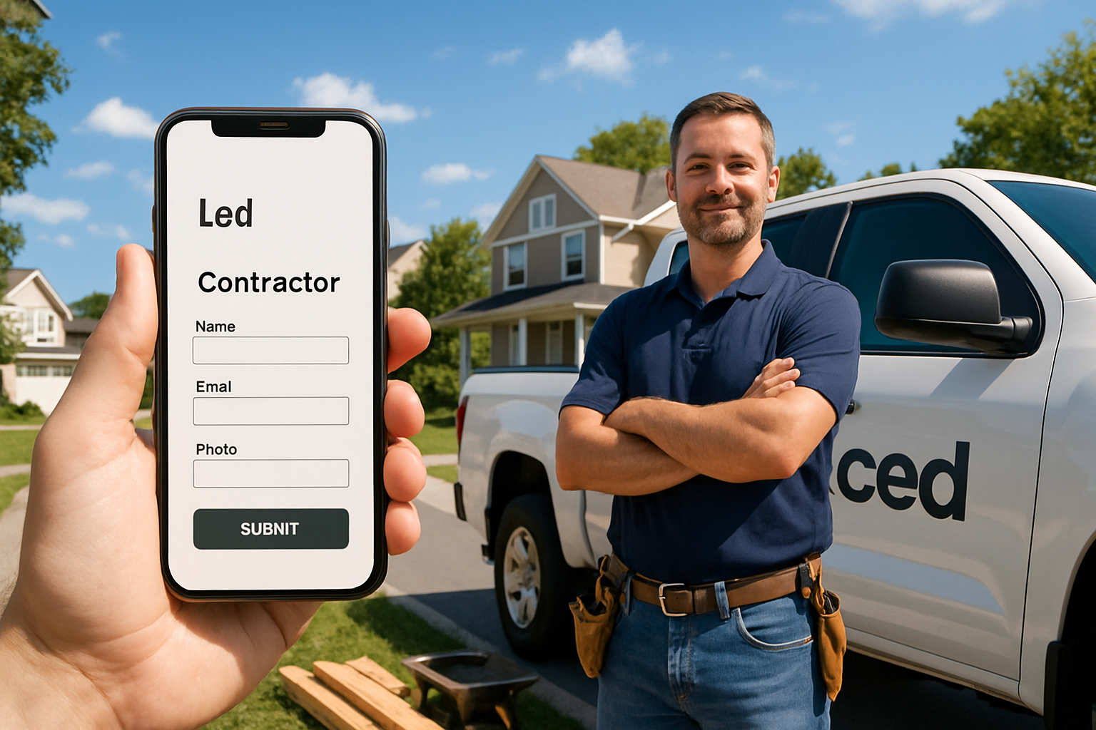 A professional contractor standing beside a branded work truck in a sunny July suburban neighborhood, with a smartphone showing a contractor website lead form in the foreground, bright summer sky, clean homes, and active outdoor project materials nearby