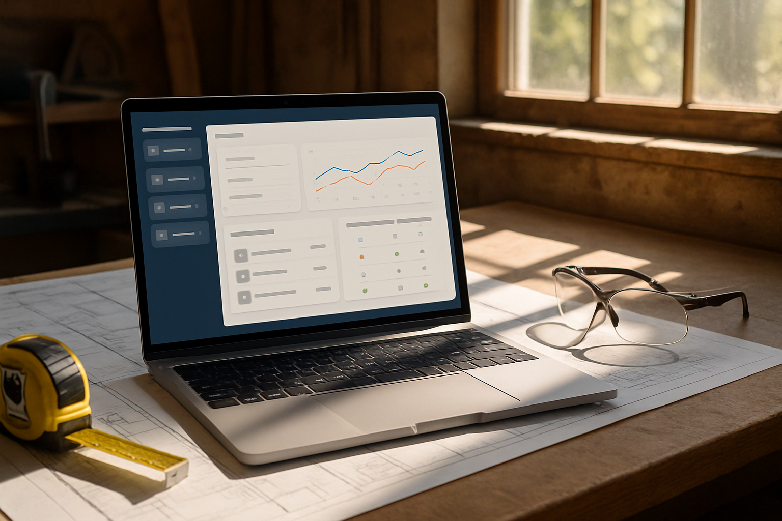 A laptop on a contractor’s desk showing a modern custom website dashboard with service pages and local SEO rankings, surrounded by blueprints, a tape measure, safety glasses, and July sunlight coming through a workshop window