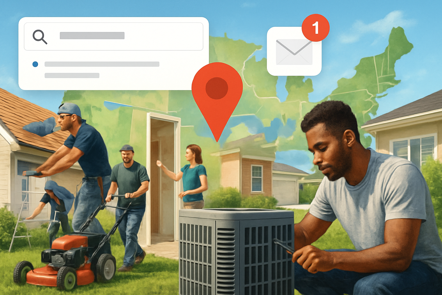 A collage-style scene of multiple contractor trades across the United States, including roofing, HVAC, landscaping, remodeling, and concrete crews working in bright July conditions, with overlay-style website search results and lead notification icons