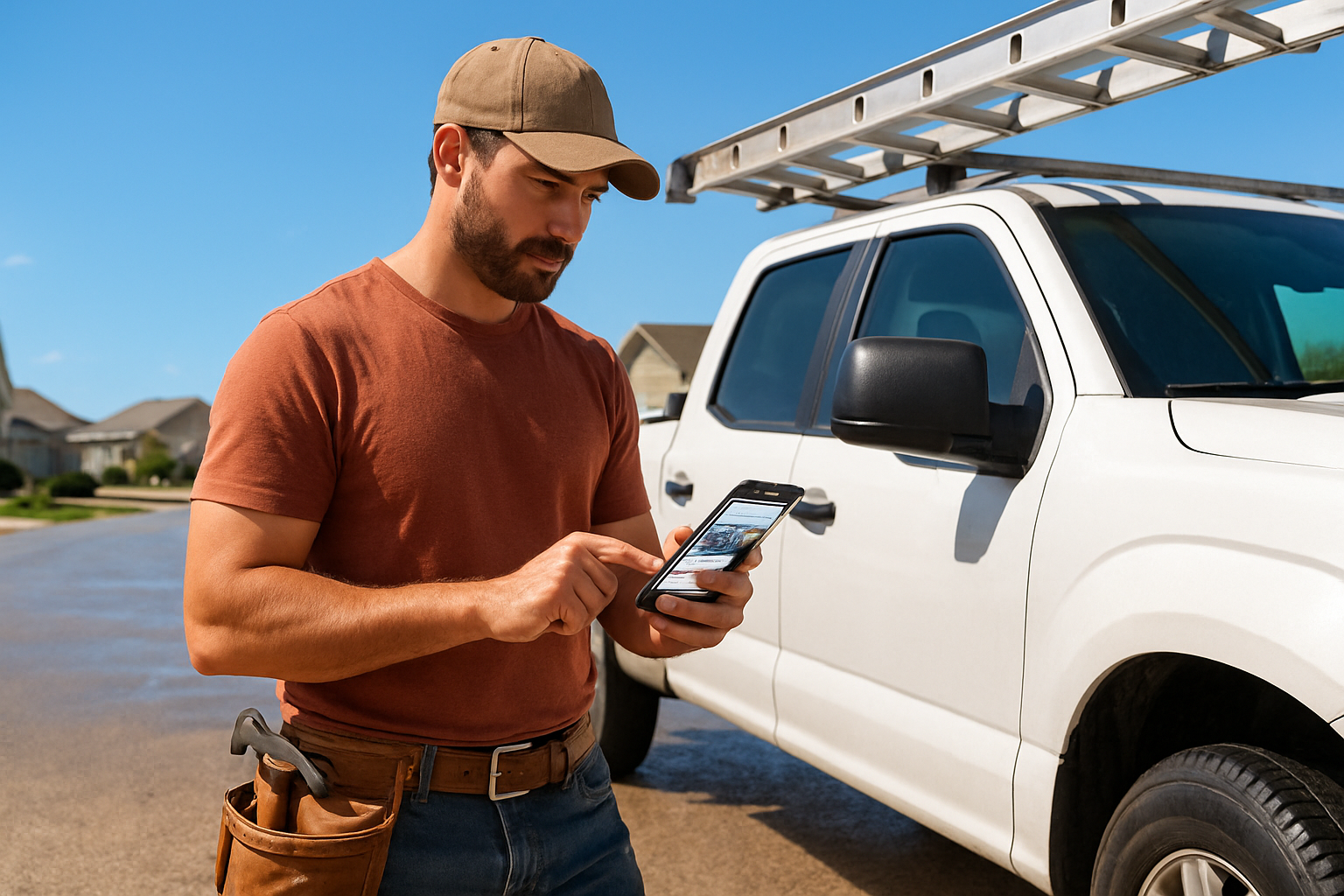 A roofing contractor standing beside a work truck on a sunny July afternoon, checking a mobile phone with a modern contractor website open, bright blue sky, heat shimmer over pavement, suburban homes in the background, professional and realistic photography style
