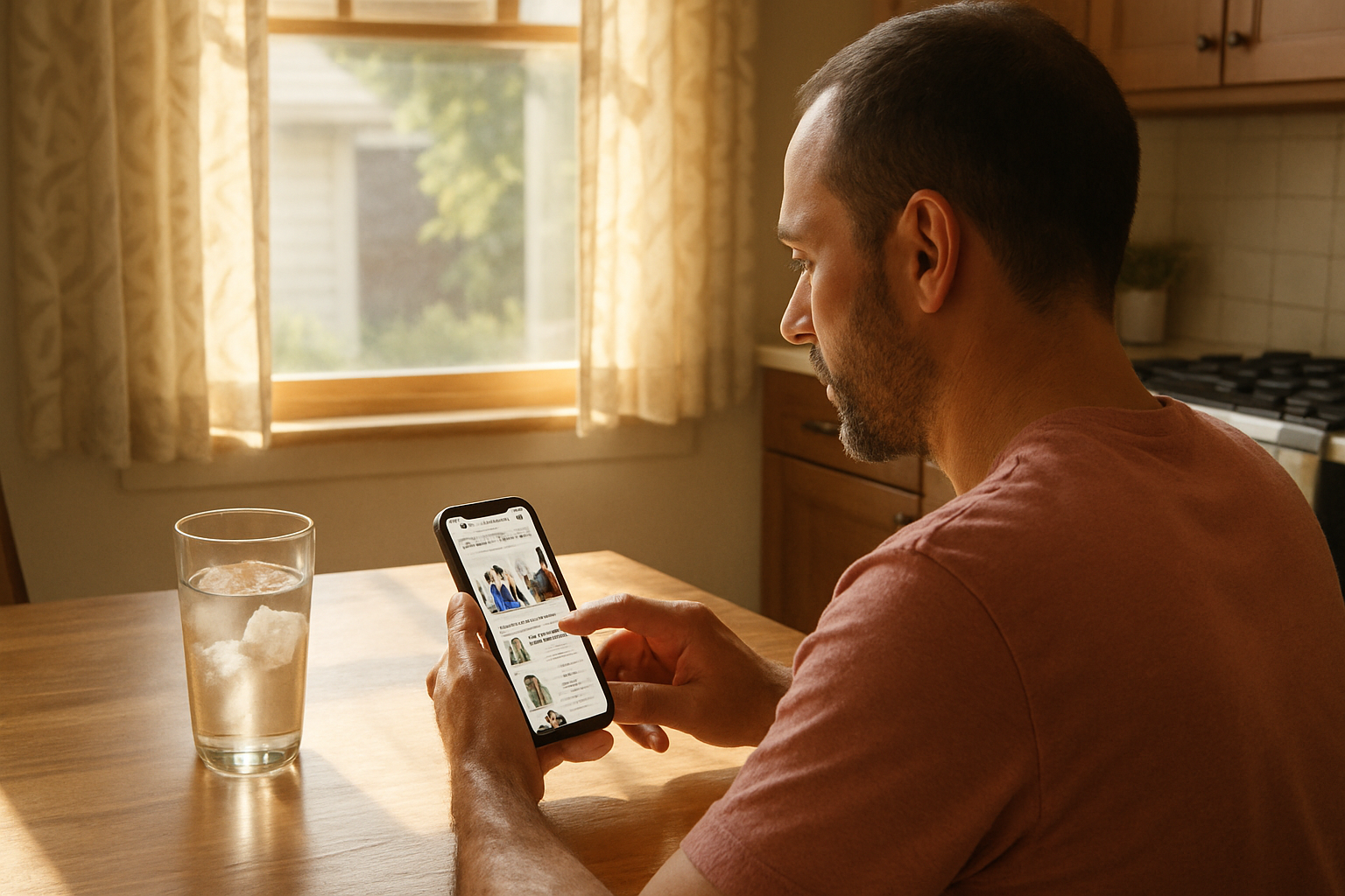 Close-up of a homeowner sitting at a kitchen table during a hot summer day, using a smartphone to search for a local contractor, sunlight coming through the window, glass of ice water nearby, search results visible on phone screen, realistic lifestyle photography