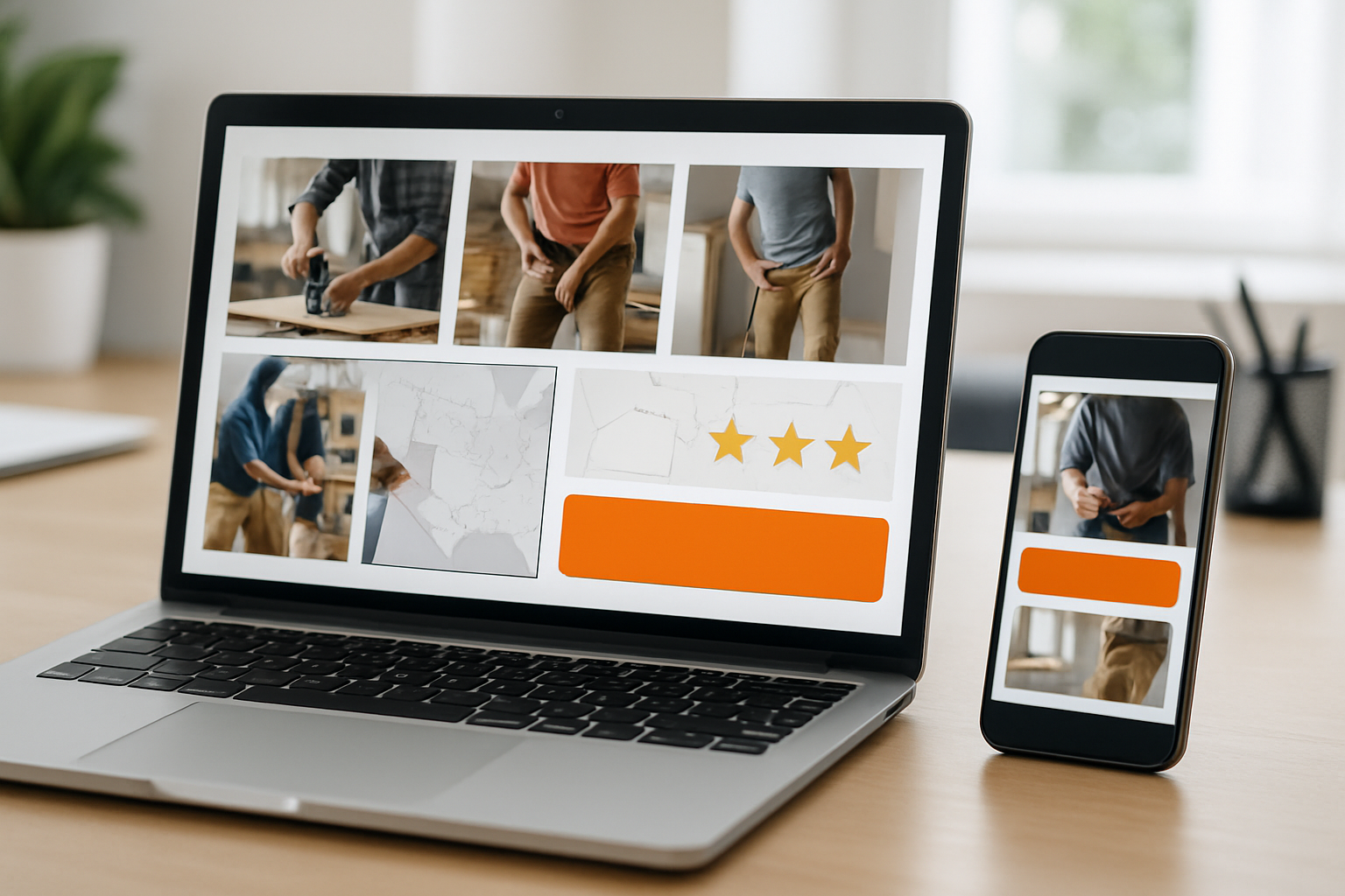 Modern contractor website displayed on a laptop and smartphone side by side on a clean office desk, showing bold call-to-action buttons, service area map, five-star reviews, and project photos, bright professional lighting, realistic digital marketing photography