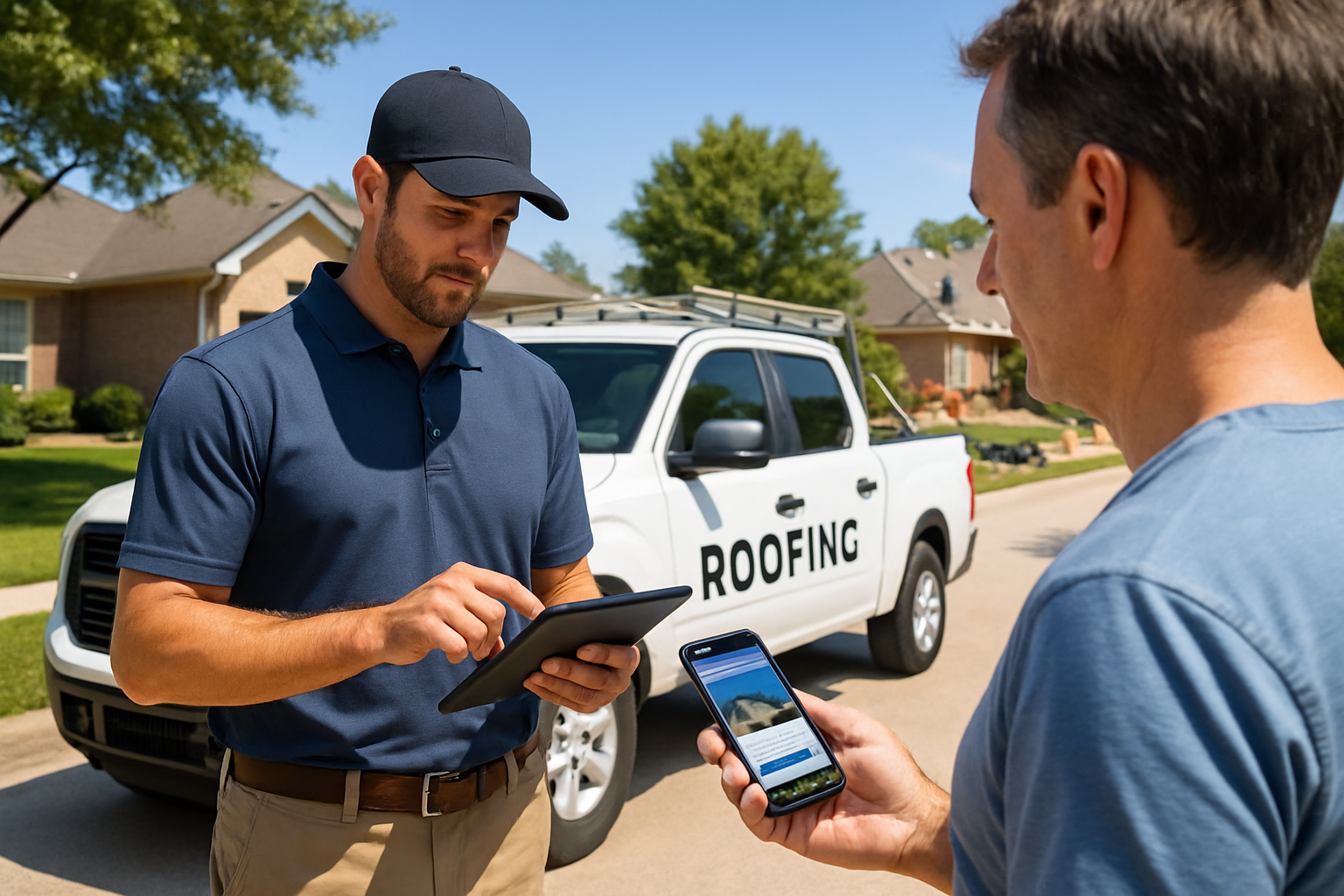 A professional roofing contractor standing beside a branded work truck in a sunny suburban neighborhood during July, checking a tablet while a homeowner looks at the company website on a smartphone, with blue sky, green lawns, and summer construction activity in the background