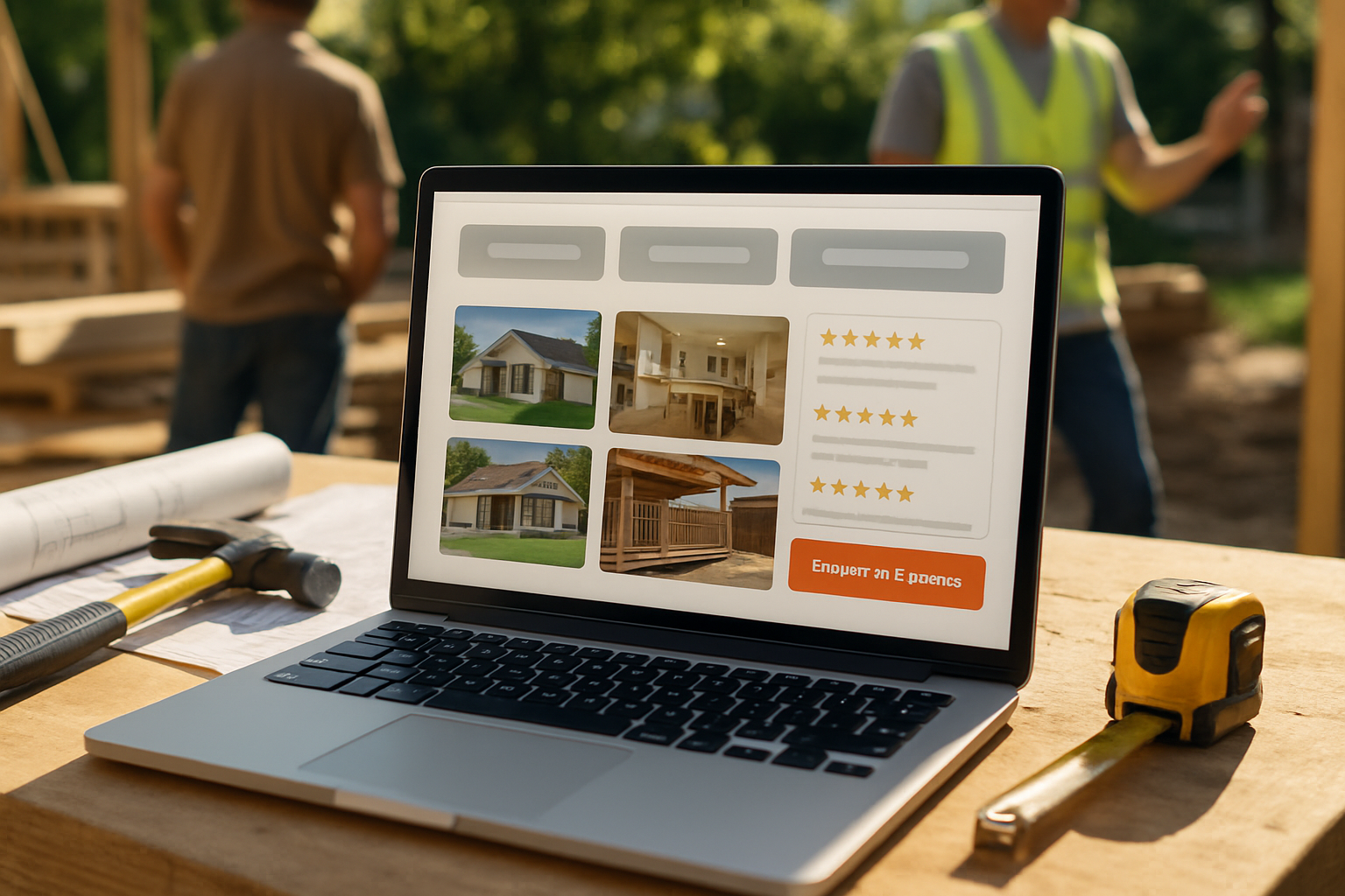 A close-up view of a contractor website displayed on a laptop at a jobsite table, showing local service pages, project photos, five-star reviews, and a prominent “Request an Estimate” button, with tools, blueprints, and bright July sunlight in the background