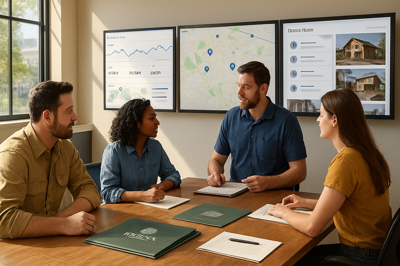 A busy contractor office scene with a team reviewing website analytics, local map rankings, customer leads, and project photos on large monitors, while summer sunlight comes through the windows and branded Sequoia National strategy materials sit on the conference table