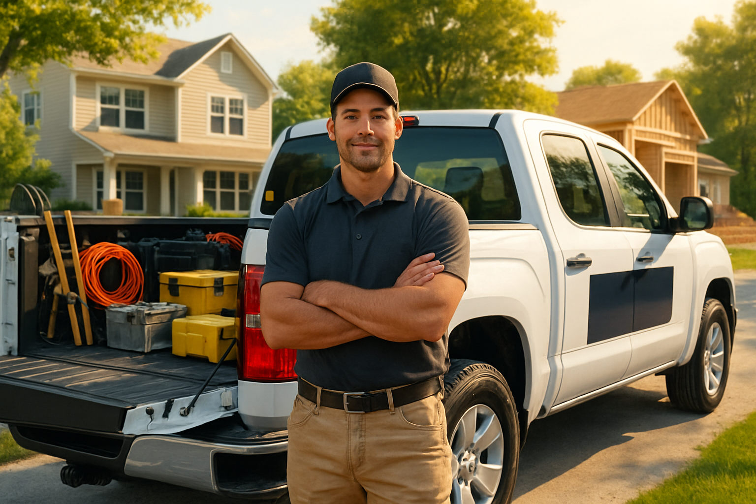 A professional contractor standing beside a branded work truck in a residential neighborhood on a sunny August afternoon, with tools organized in the truck bed, a clean jobsite in the background, and warm golden light suggesting a busy summer service season