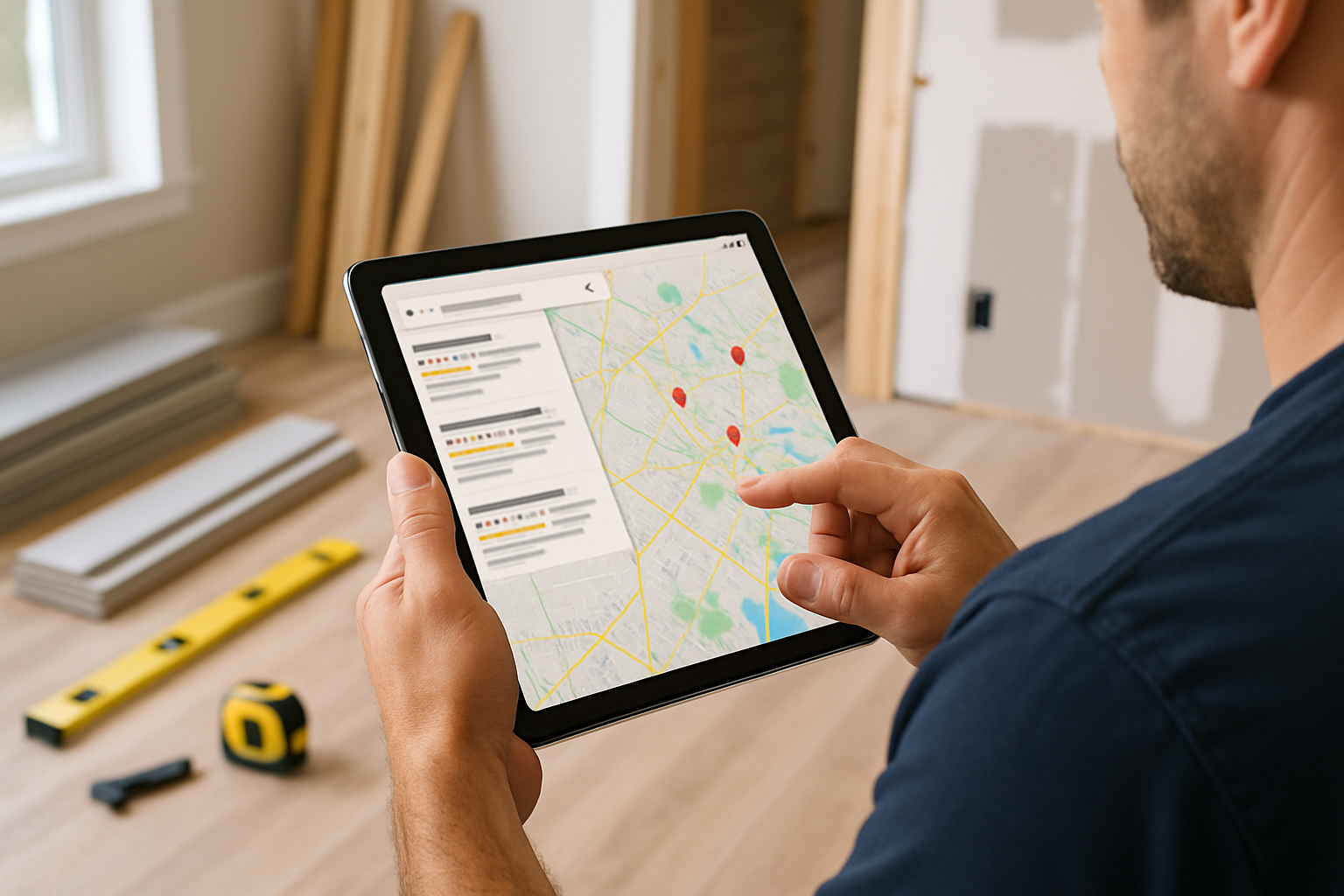 Close-up of a contractor using a tablet on a jobsite to view Google Maps search results and customer leads, with a partially completed home improvement project, measuring tools, and construction materials visible in the background