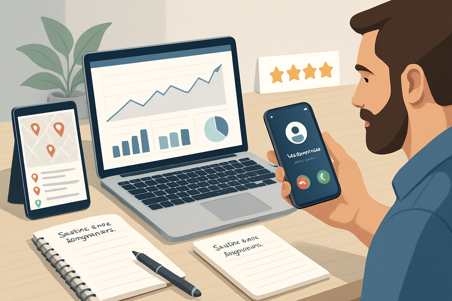 A modern digital marketing strategy workspace for contractors, showing a laptop with website analytics, local SEO rankings, review stars, a notepad with service area keywords, and a phone displaying an incoming lead call from a homeowner