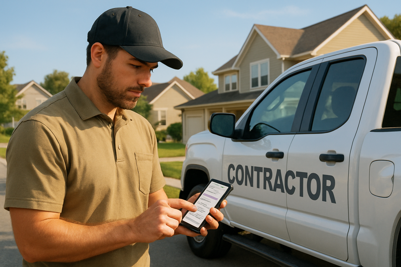 A professional contractor standing beside a branded work truck in a sunny suburban neighborhood in late summer, checking a smartphone with Google search results visible, warm August light, homes with green lawns and clear blue sky in the background