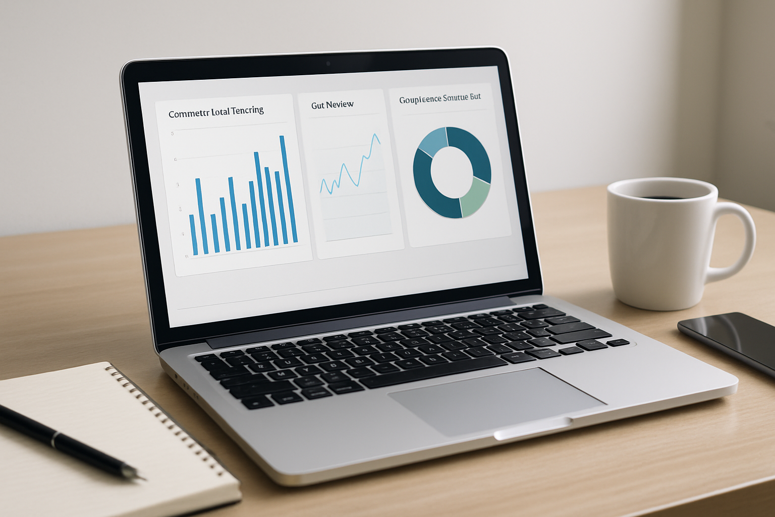 A close-up view of a laptop dashboard showing contractor lead tracking charts, call volume metrics, and Google Local Services Ads performance data, with a notebook, coffee cup, and smartphone on a clean office desk