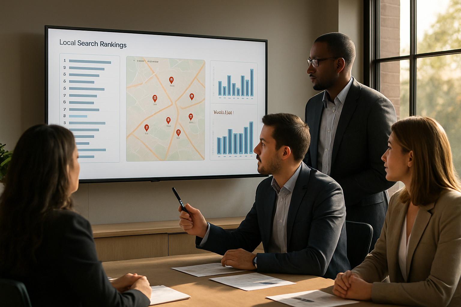 A team of digital marketing specialists reviewing a large screen with local search rankings, contractor service maps, and call lead reports, modern office setting, professional atmosphere, late summer sunlight through windows