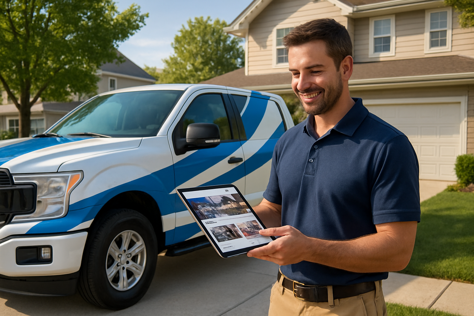 A professional contractor standing beside a wrapped service truck in a suburban neighborhood on a bright August afternoon, holding a tablet with a modern contractor website displayed, warm sunlight, clean driveway, well-kept home exterior, realistic commercial photography style