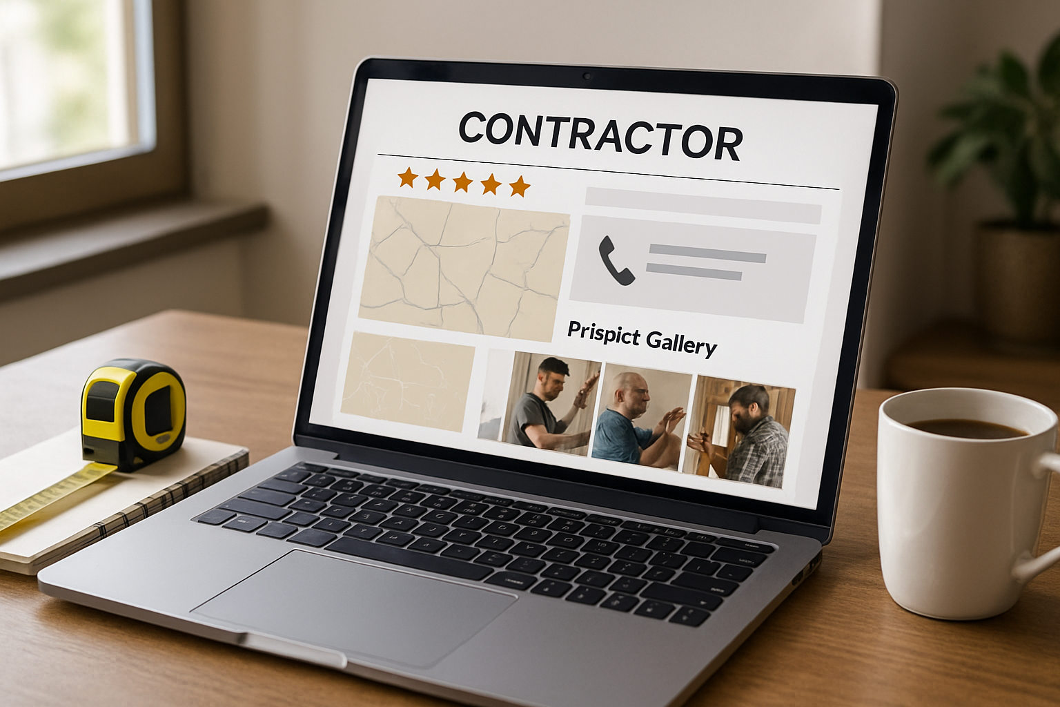 Close-up of a laptop screen showing a contractor website with five-star customer reviews, service area map, phone number, and project gallery, with a notebook, measuring tape, and coffee cup on the desk, natural office lighting, realistic digital marketing workspace