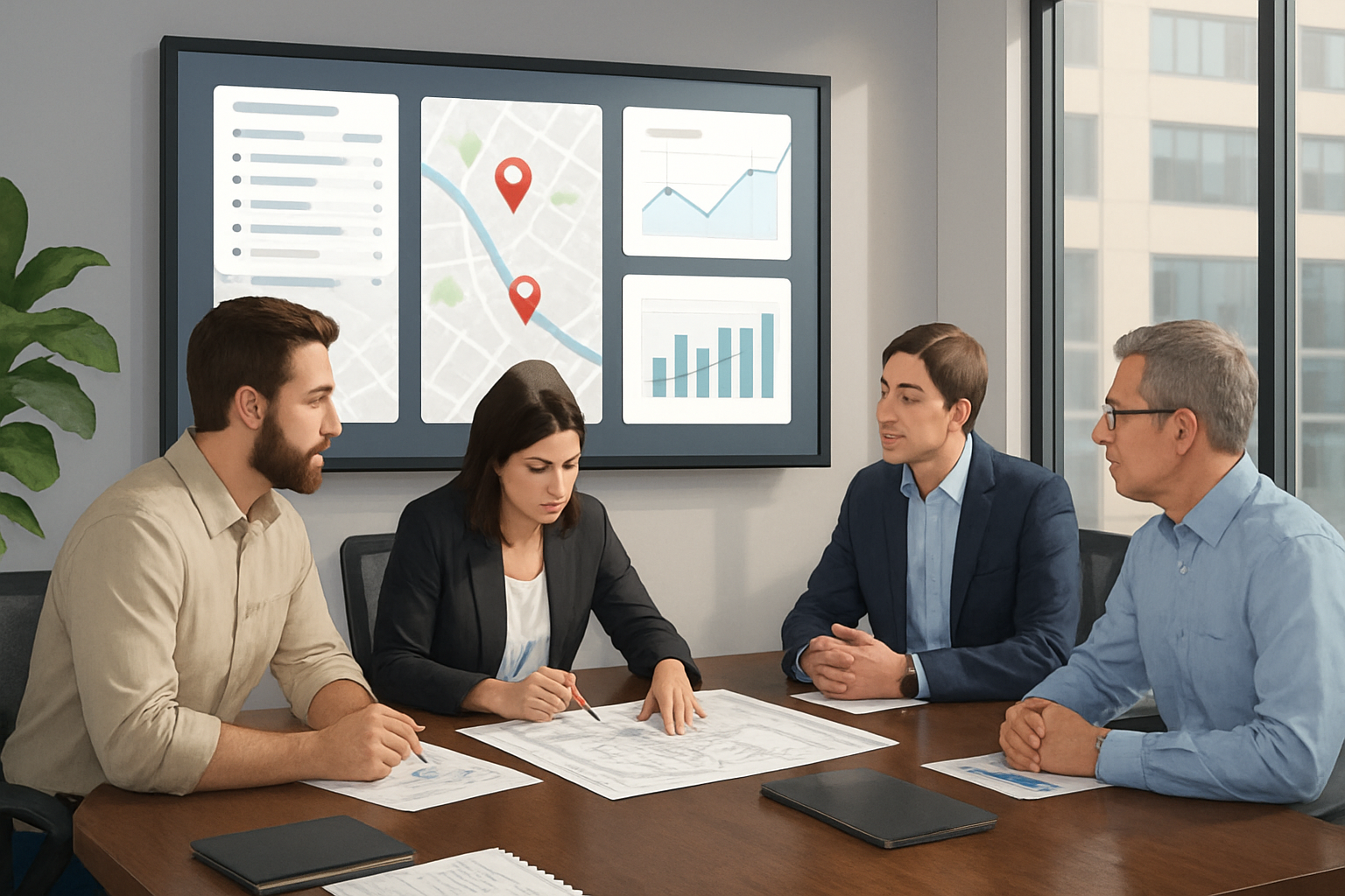 A digital marketing strategy meeting for a contractor business, showing a large screen with local search rankings, map pack results, website analytics, and lead growth charts, with professionals reviewing plans around a conference table, modern office setting