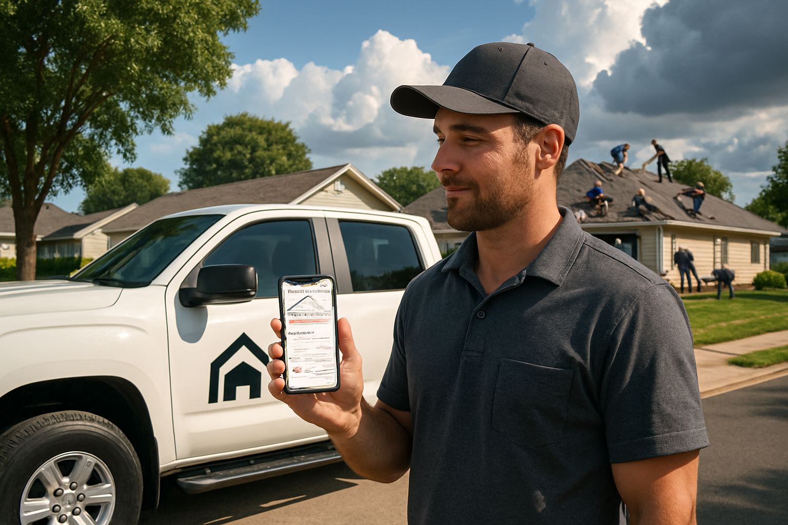 A contractor standing beside a branded work truck in a suburban neighborhood on a sunny August afternoon, holding a smartphone showing a Google Maps business listing, with roofing crews and summer storm clouds in the distance