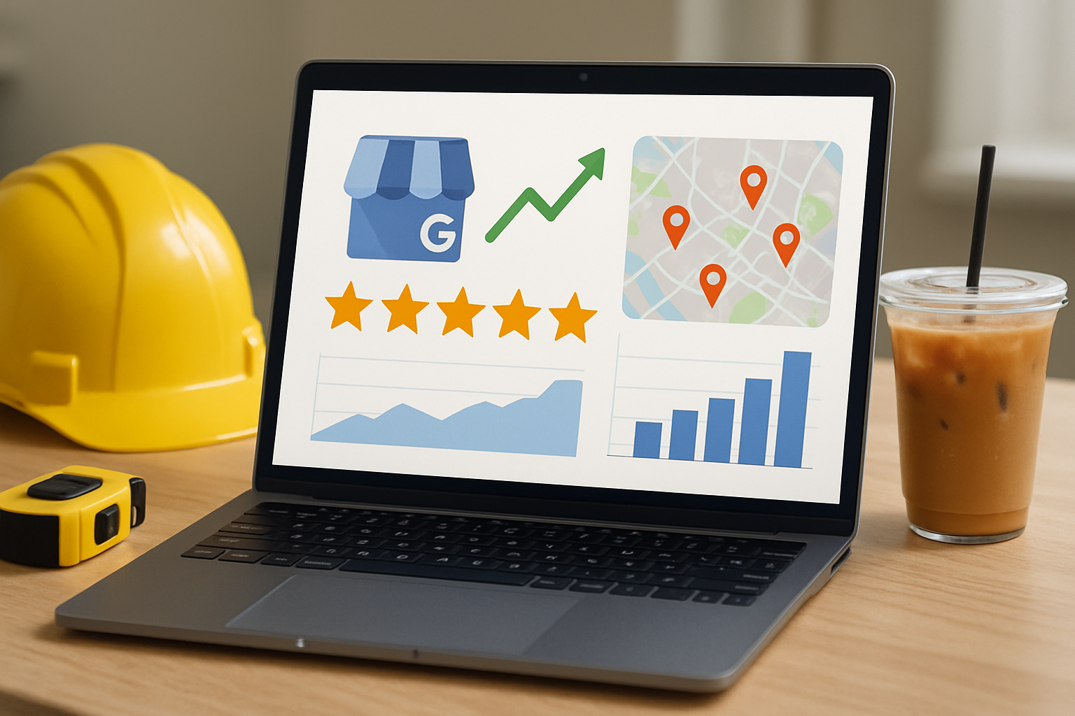 Close-up of a laptop dashboard displaying a contractor Google Business Profile with rising call metrics, review stars, map rankings, and service area pins, with a hard hat, tape measure, and iced coffee on the desk