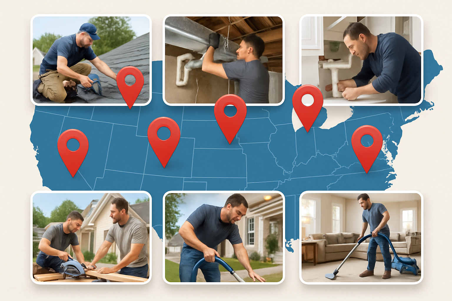 A nationwide contractor marketing concept showing multiple map pins across a digital map of the United States, with small inset images of roofing, HVAC, plumbing, remodeling, and restoration crews working in different local neighborhoods