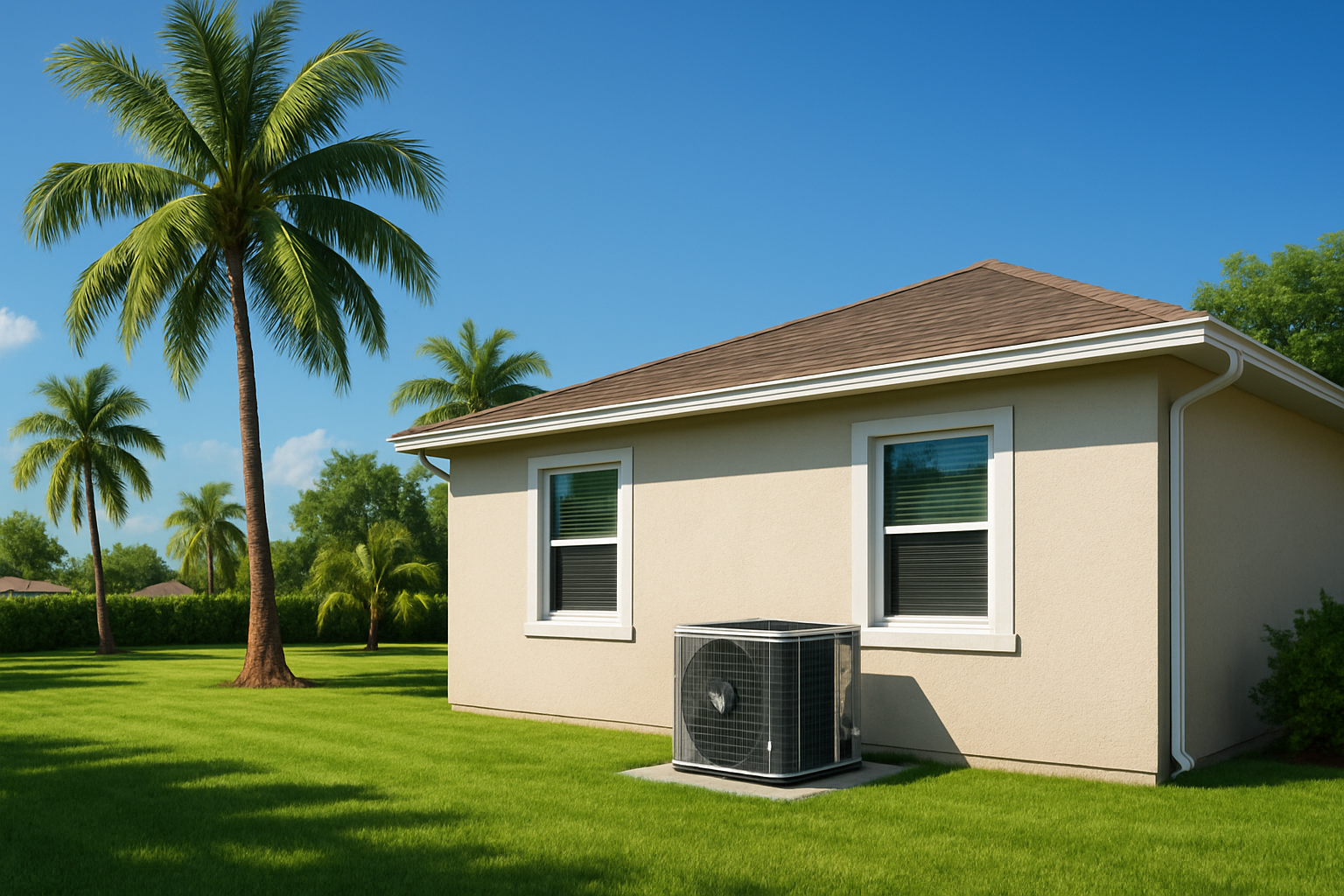 A bright August afternoon in Belle Glade Florida with a clean single-story home, palm trees, intense blue sky, and an outdoor central air conditioning unit beside the house surrounded by neatly trimmed grass