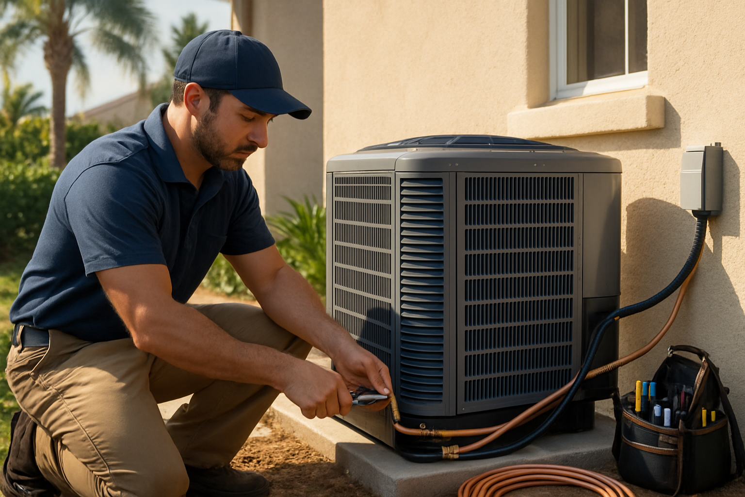 Professional HVAC technician in uniform installing a residential central air conditioning system outside a Belle Glade home, with tools, copper refrigerant lines, and a neat service area in warm Florida sunlight