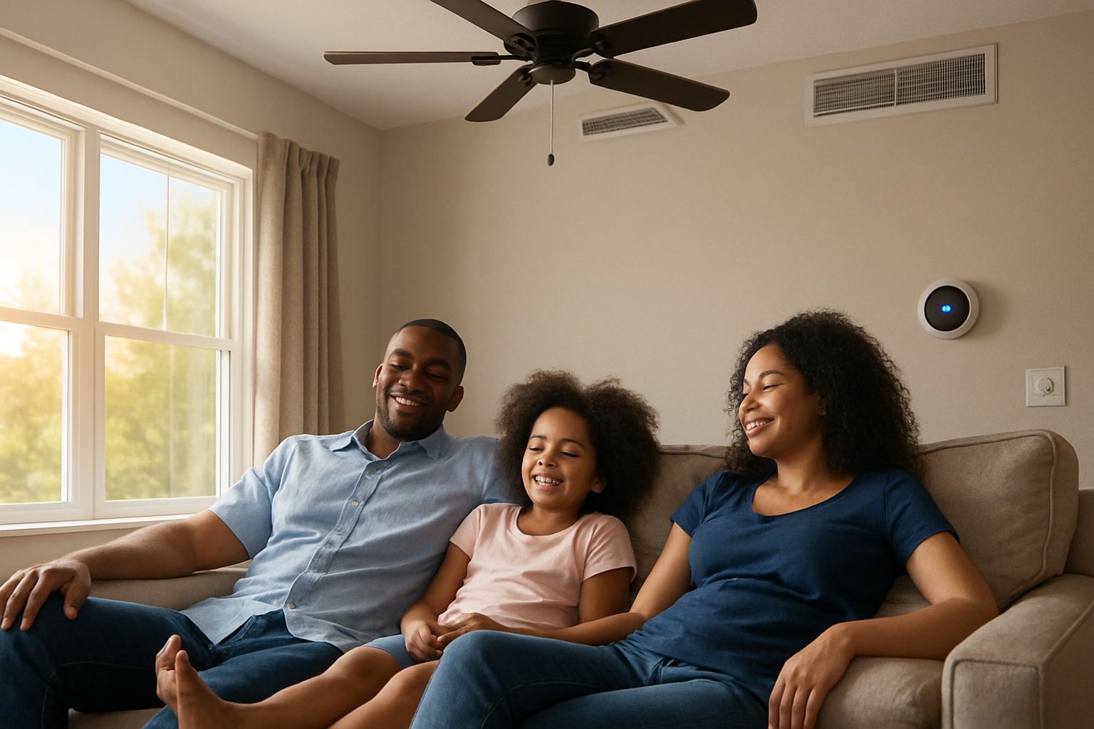 Comfortable family relaxing in a cool living room in Belle Glade Florida during summer, with sunlight outside the window, ceiling fan turning, clean air vents visible, and a modern thermostat on the wall