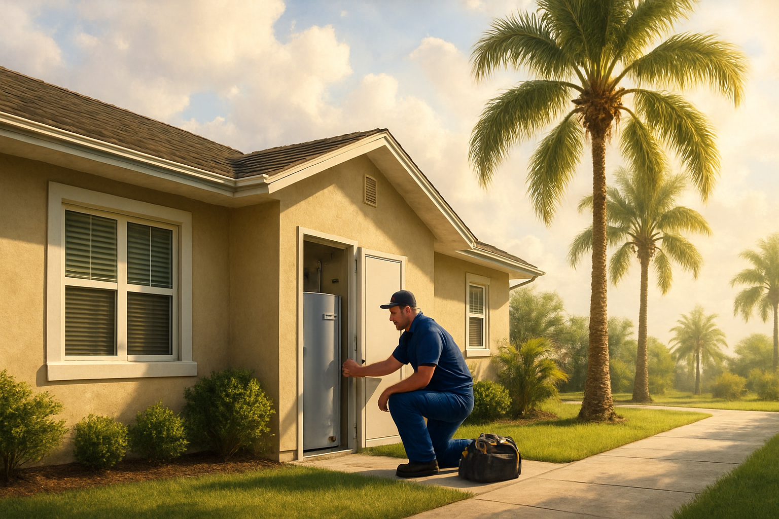 A bright September morning in Belle Glade Florida, exterior of a single-family home with palm trees, warm sunlight, slightly cloudy humid sky, and a service technician near a water heater access area, realistic residential maintenance scene
