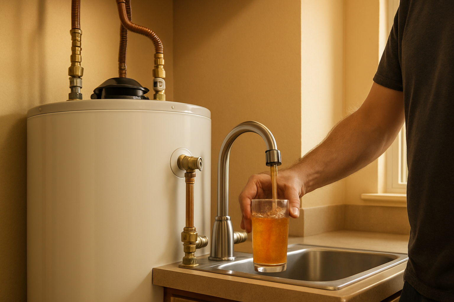 Close-up realistic photo of a residential water heater in a utility room, with a homeowner filling a clear glass from a hot water faucet showing slightly rusty discolored water, warm indoor lighting, Florida home setting
