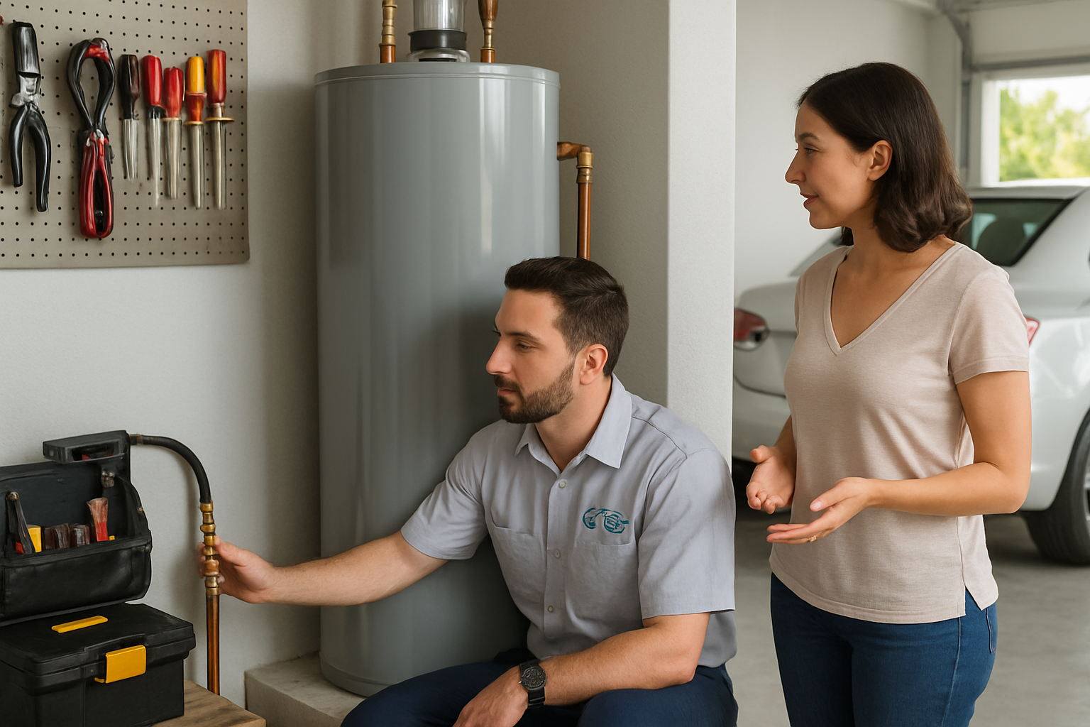 A professional Glades Gas technician inspecting a modern gas water heater installation in a clean garage, tools neatly arranged, homeowner nearby asking questions, realistic South Florida residential service photo
