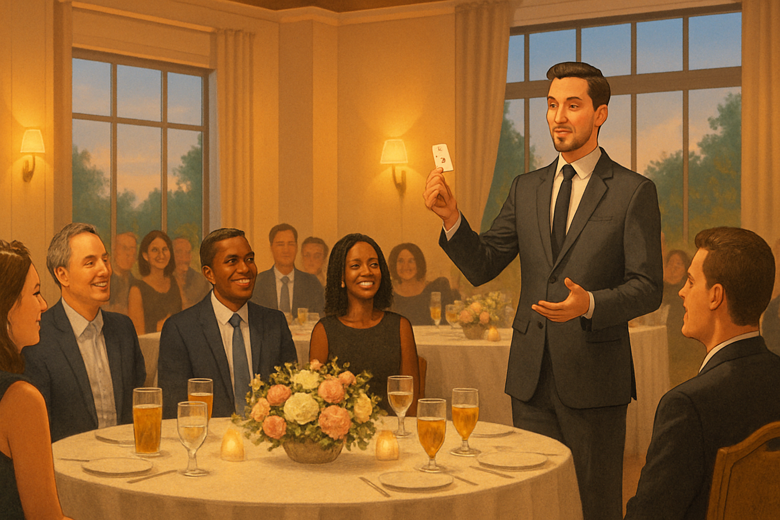 A polished summer banquet room in August with round tables, warm uplighting, guests in semi-formal attire smiling toward a magician performing stand-up magic near the front of the room, iced drinks and floral centerpieces visible, elegant evening atmosphere