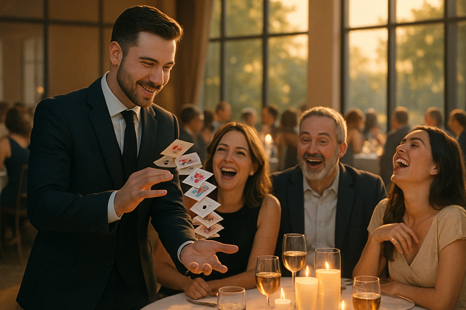 Close-up of a professional magician in a suit performing a card illusion for a banquet audience, guests laughing and reacting with amazement, summer evening light coming through large venue windows, elegant tables with candles and cold beverages
