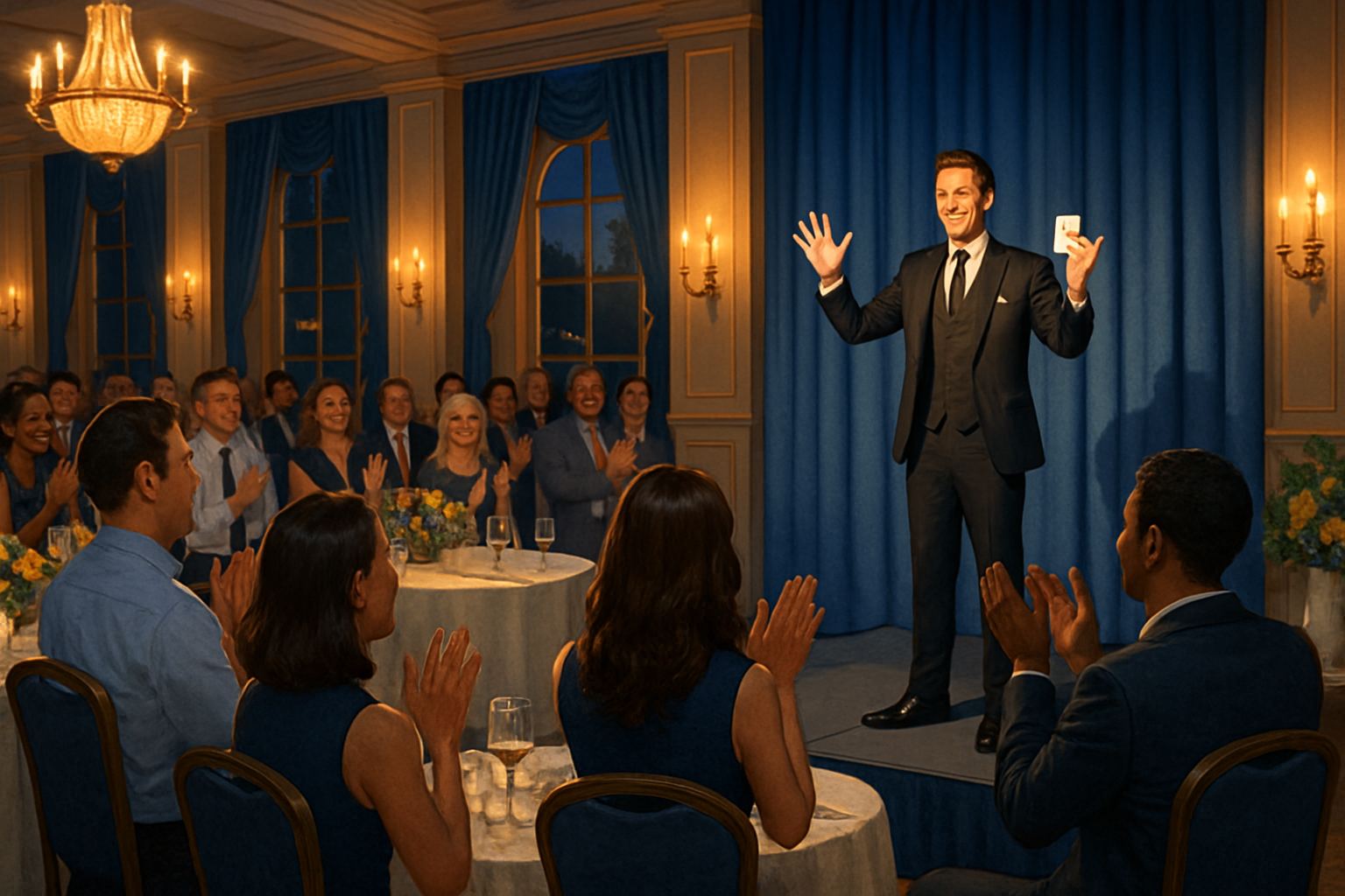 A summer corporate banquet audience giving an enthusiastic round of applause to a professional magician on a small stage, elegant ballroom with blue and gold lighting, banquet tables, floral arrangements, and a festive August evening atmosphere