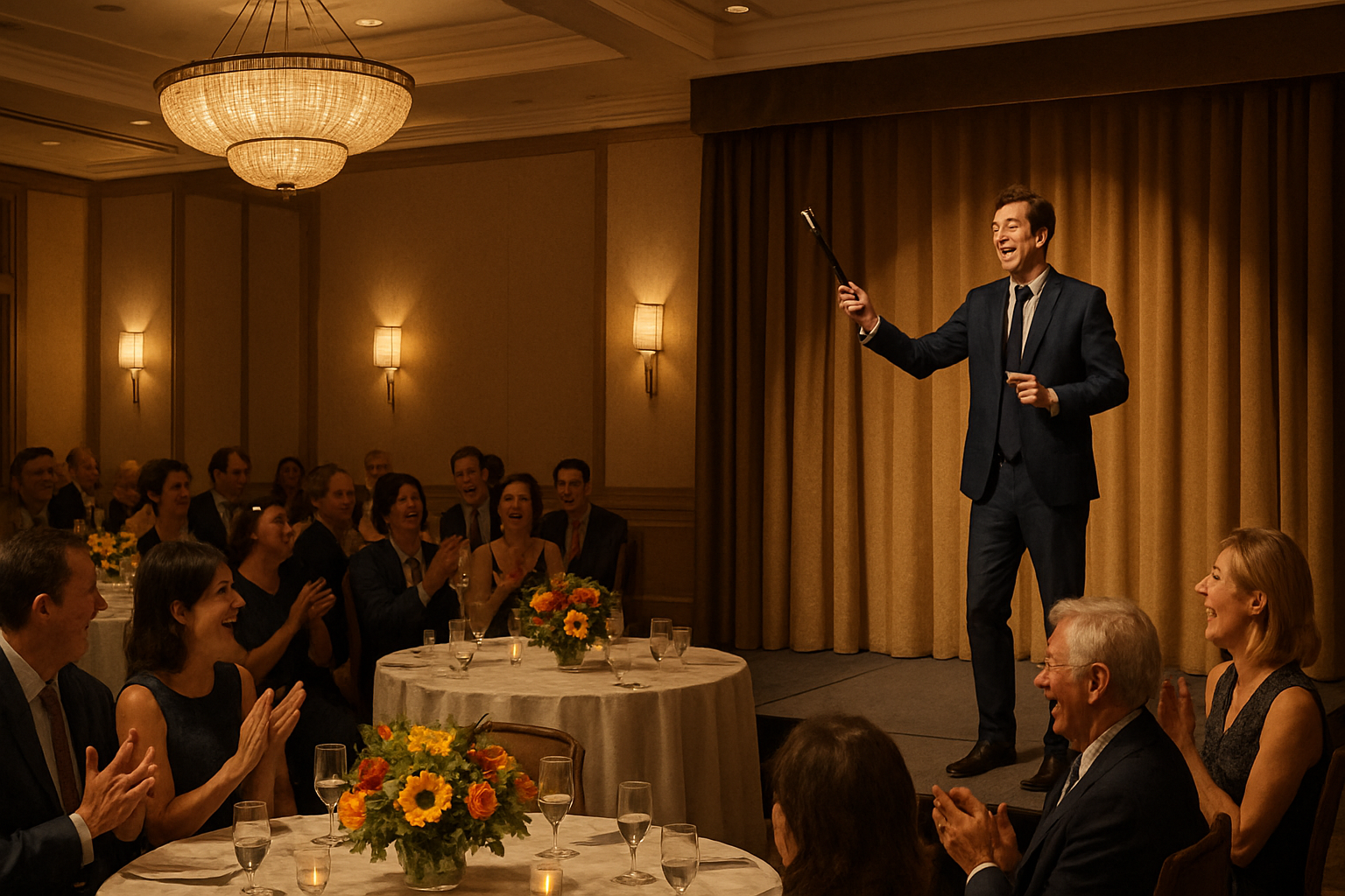 A sophisticated August banquet in a warmly lit hotel ballroom, guests seated at round tables with summer floral centerpieces, a professional stand-up magician performing on a small stage as the audience laughs and applauds