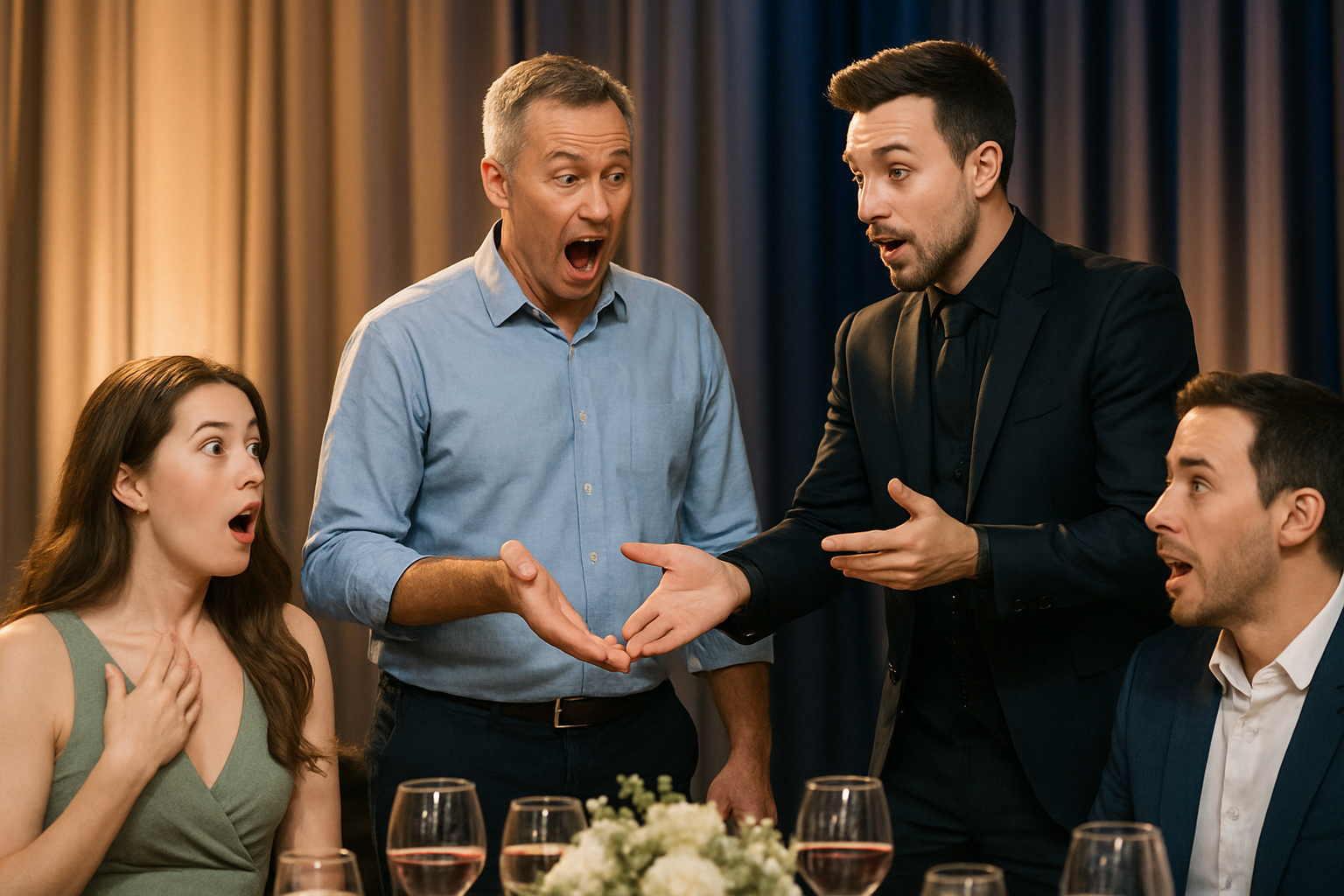 A close-up of banquet guests in summer evening attire reacting with amazement as a magician performs interactive stand-up magic with a volunteer under elegant stage lighting