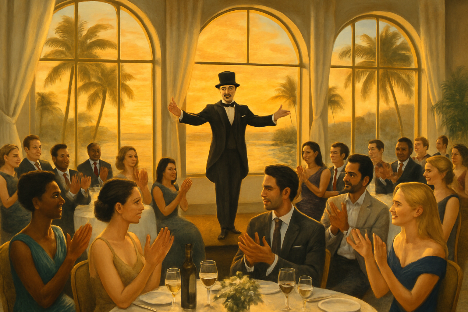 An elegant international summer banquet at a luxury resort, diverse guests applauding a magician on stage, large windows showing a golden August sunset over palm trees and water