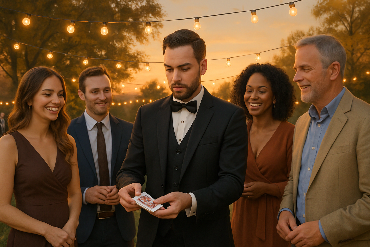 A sophisticated September outdoor evening event in the United States with warm string lights, guests in semi-formal attire gathered around a close-up magician performing card magic, autumn greenery and golden sunset tones in the background