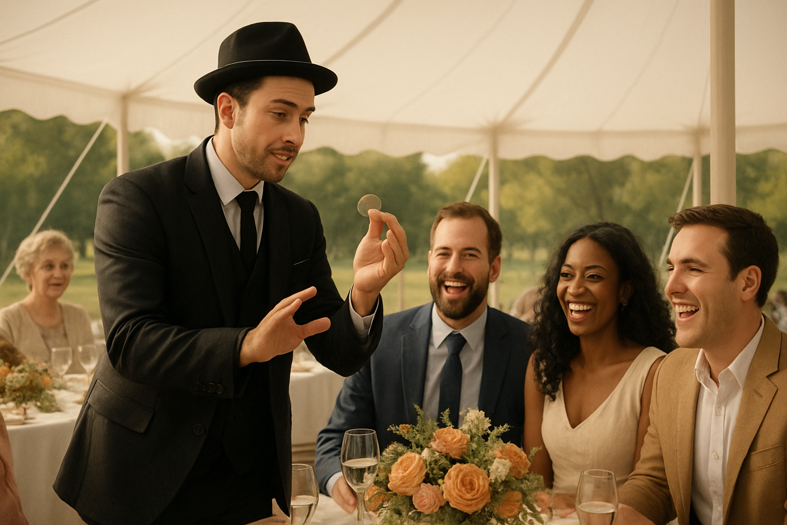 A professional magician entertaining a mixed group of wedding guests under a white event tent on a mild September afternoon, with floral centerpieces, soft fall colors, and guests laughing as a coin trick is performed close-up