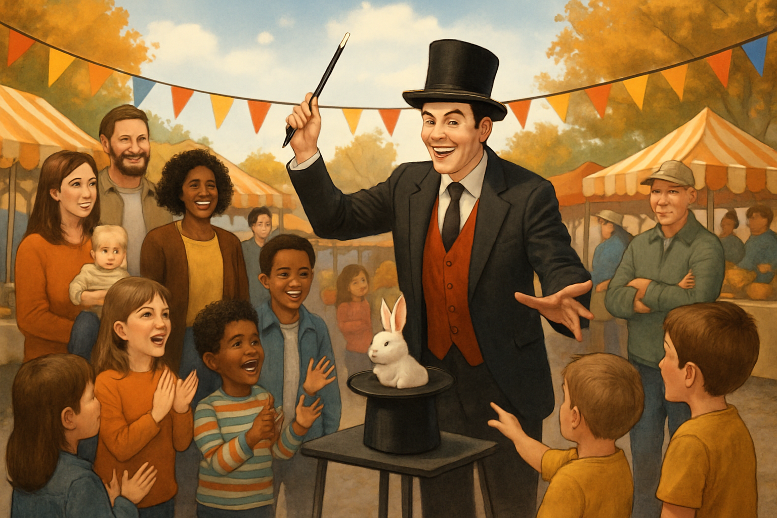 A lively September community festival scene with families, children, and adults gathered around an outdoor magician performing interactive magic, fall market booths and colorful banners visible in the background under a bright but mild sky