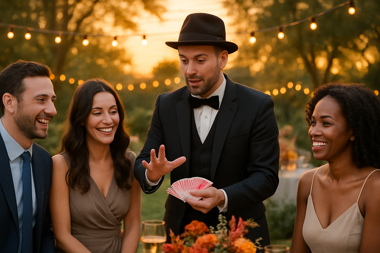 A professional magician performing close-up magic for smiling guests at an elegant early September outdoor garden party, with string lights, autumn-colored floral arrangements, and a golden sunset in the background
