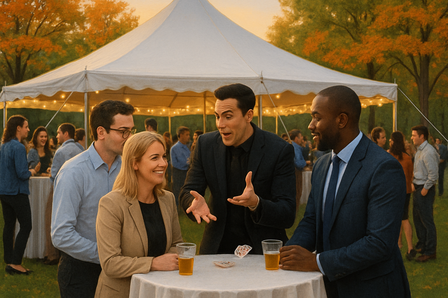 A lively September corporate picnic under a large white event tent, guests gathered around a magician performing interactive magic at a cocktail table, with trees showing early fall color and comfortable evening lighting