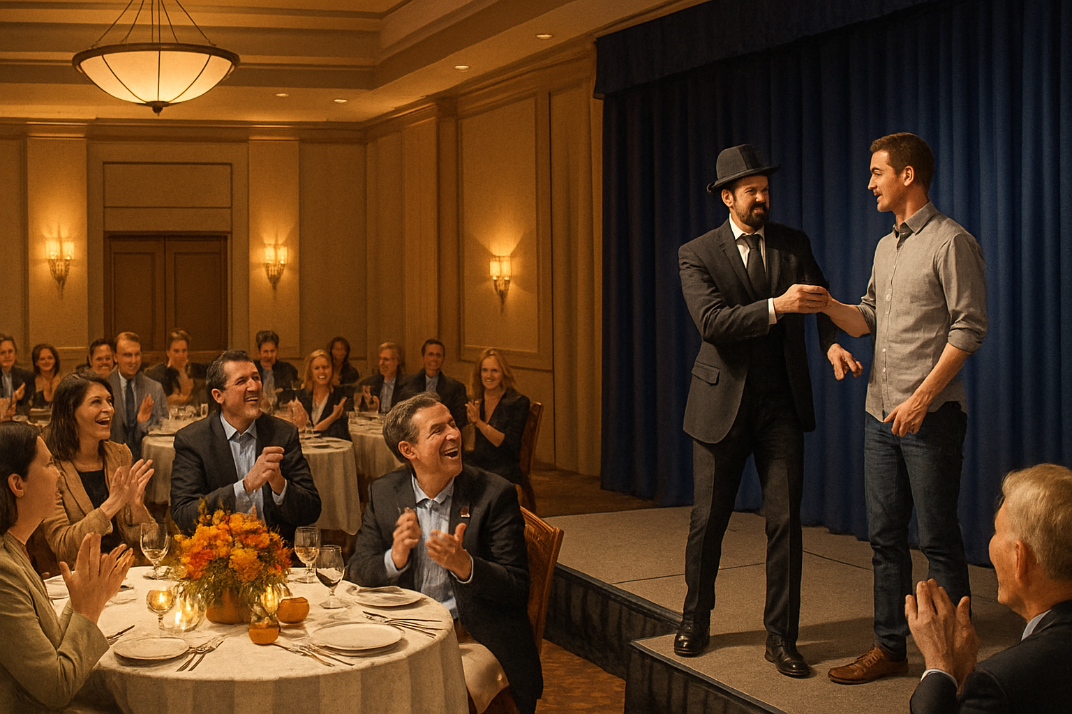 An indoor September banquet event in a warmly lit hotel ballroom, a magician onstage engaging a volunteer while guests at round tables laugh and applaud, with tasteful fall centerpieces and a professional event atmosphere