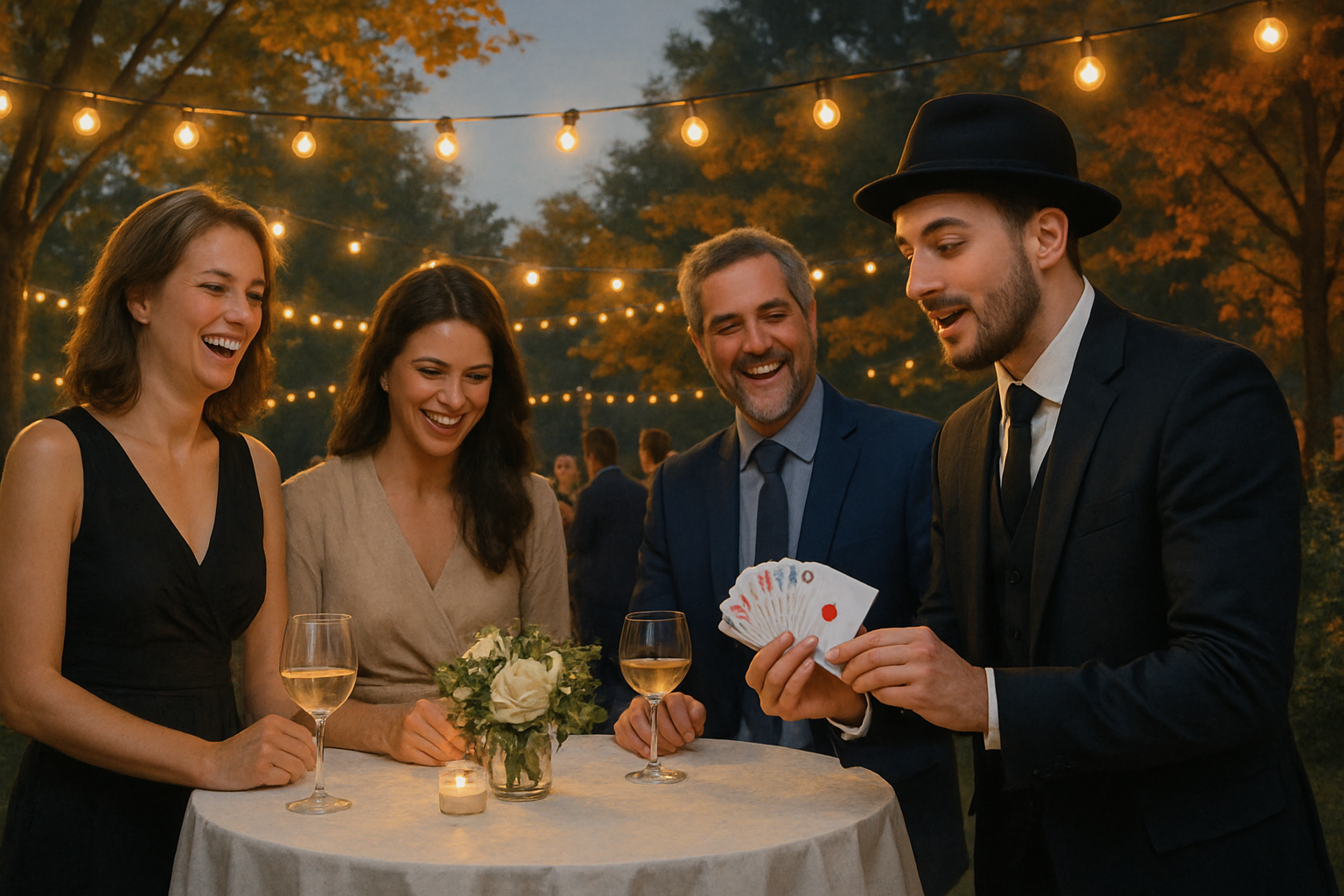 An elegant early-September outdoor evening event in the United States with warm string lights, guests in semi-formal attire laughing around cocktail tables, and a professional magician performing close-up card magic as autumn leaves begin to appear in the background