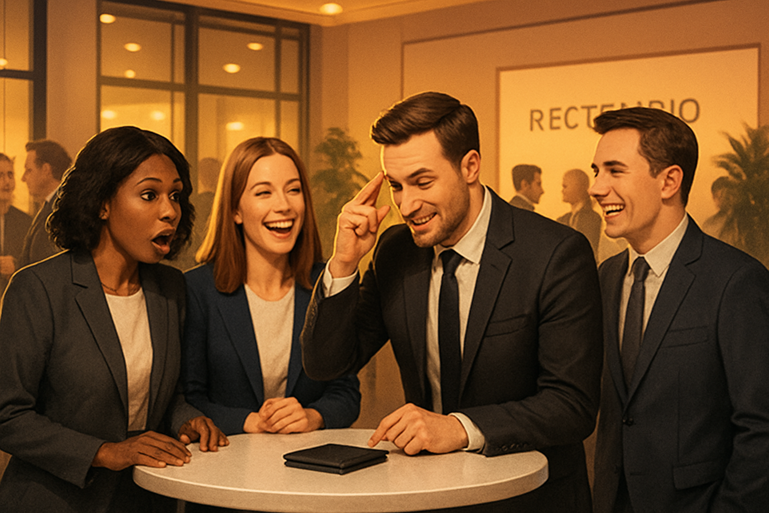 A sophisticated indoor corporate reception in September with guests wearing business attire, a magician performing a mind-reading effect at a high-top table, people smiling and reacting with surprise, soft golden lighting, branded event signage in the background