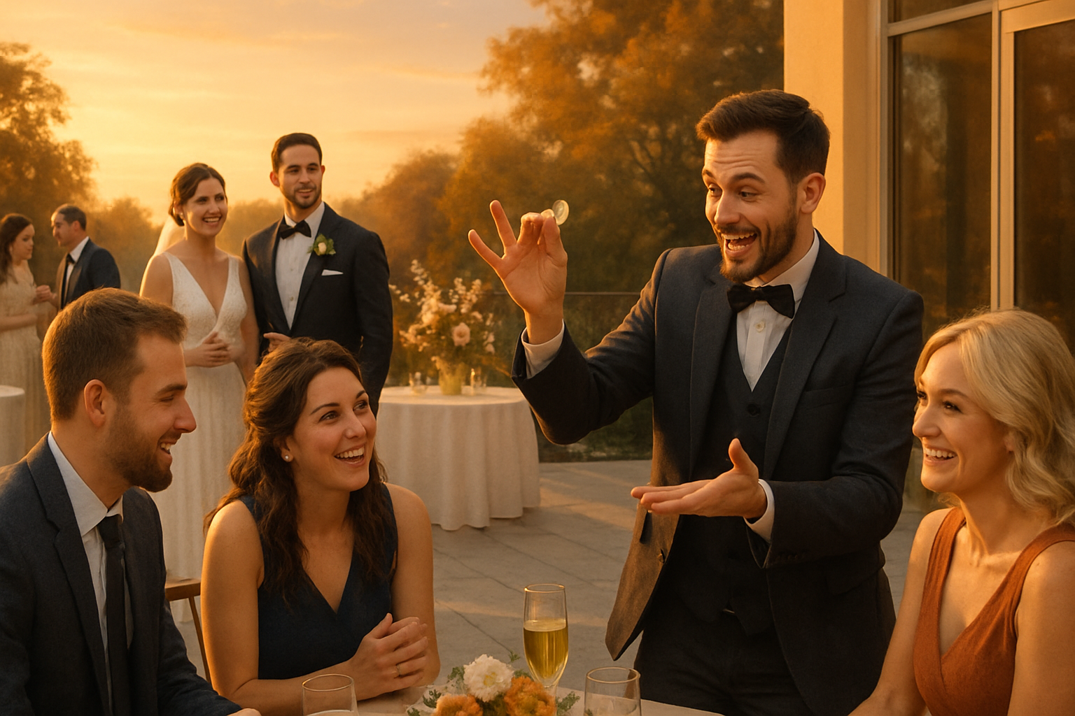 A joyful September wedding cocktail hour at sunset with guests gathered on a patio, a professional magician performing a coin illusion for a small group, the bride and groom watching nearby, soft fall colors, elegant floral arrangements, and warm evening light